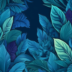 Collection of modern tropical leaves, foliage plant in blue to green color with space background. Generative AI