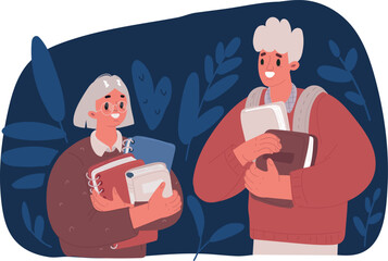 Cartoon vector illustration of Bookcrossing concept. Happy people exchanging, borrowing and recommending paper books. Man and woman reading. Readers swap literature.