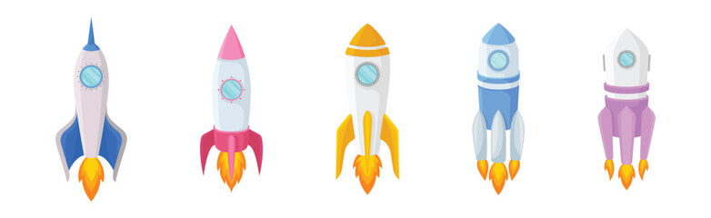 Bright Space Rocket Launching or Starting Up Vector Set