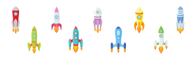 Bright Space Rocket Launching or Starting Up Vector Set