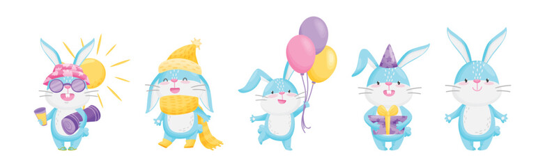 Cute Rabbit with Long Ears Engaged in Different Activities Vector Set
