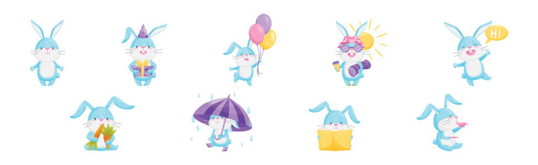 Cute Rabbit with Long Ears Engaged in Different Activities Vector Set