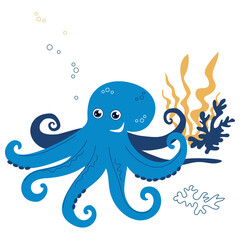 Blue funny octopus with corals and algae on a white background. Vector illustration for background, decoration, postcards, print, nursery
