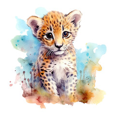 Watercolor leopard isolated on transparent background. Generative AI