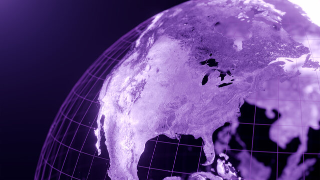 3D Render Of North America Globe Map, Technology And Futuristic Purple Line Glowing Earth Background