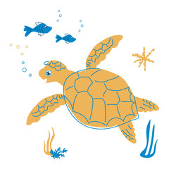 Sea animals funny turtle and fish underwater on a white background. Vector illustration for background, decoration, postcards, print, nursery