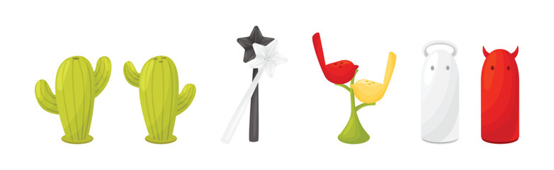 Salt and Pepper Shaker or Pot as Ceramic Shaped Condiment Dispenser Vector Set