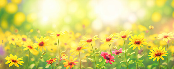 Fototapeta na wymiar Summer spring natural flower background banner. Wildflowers on bright sunny day with beautiful bokeh. Sunny garden in sunlight on nature outdoors. wide banner format. Generative AI