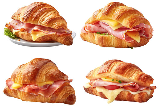 Four freshly baked ham and cheese crossiants on a transparent background, Generative AI