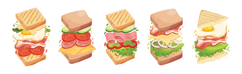 Sandwich with Ingredient Layers Between Bread Slices Vector Set