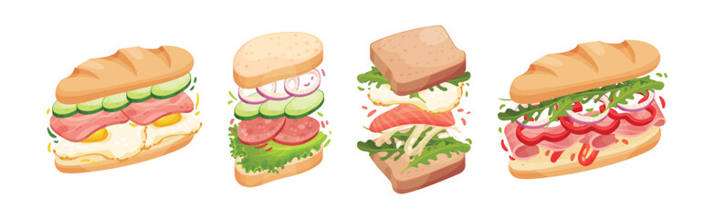 Sandwich with Ingredient Layers Between Bread Slices Vector Set