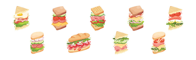 Sandwich with Ingredient Layers Between Bread Slices Vector Set