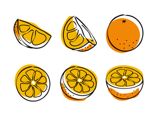 Mandarin fresh Orange fruits, leaves vector element. Set of whole, cut in half, sliced on pieces Orange Juice