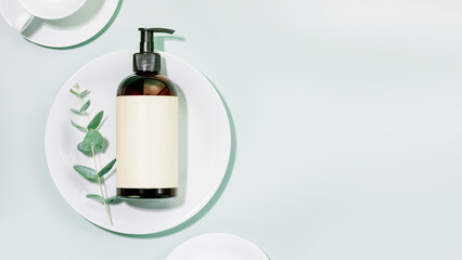 Mockup of natural dish detergent. Eco friendly cleaning dishes. Bottle with dish detergent on clean plate on blue background with sprig of eucalyptus. Flat lay, copy space