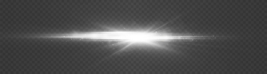 Silver horizontal lens flares, laser beams. Luminous abstract sparkling lines. White glowing star light explodes.
