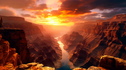 A canyon with rocks and a river in the center. Beautiful fiery sunset. Generative Ai