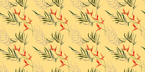 Modern bright seamless pattern with tropical leaves and strelitzia flowers at the light background. Contemporary exotic design for fabric, paper, cover,  wallpaper, interior etc. Vector