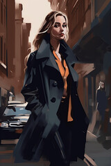 Illustration of a young woman in an urban landscape. Vertically. Generative AI. grunge background