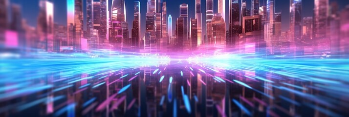 Fototapeta premium abstract futuristic background with pink blue glowing neon moving high speed wave lines and bokeh lights. Data transfer concept Fantastic wallpaper, Ai Generative