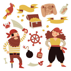 Collection of pirate accessories and items, pirate bundle. Man and woman pirates. Hand drawn vector illustration.
