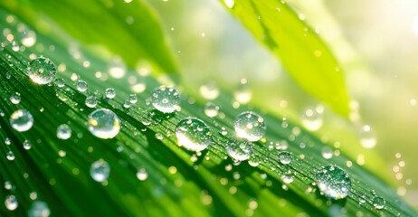 Water drops on green leaf abstract background. Raindrops, water on leaf. Fresh, juicy, beautiful tree leaf close-up. Summer, nature background. Generative AI