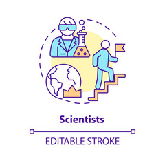Scientists concept icon. New technology. Industry development. Paradigm shift. Public opinion. Science researcher abstract idea thin line illustration. Isolated outline drawing. Editable stroke