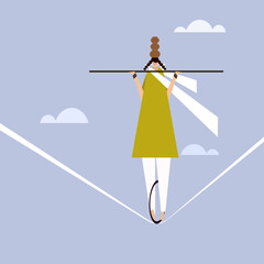 Illustration of a girl performs Indian street acrobatics by walking over a rope
