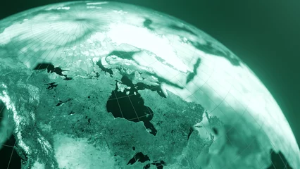 Foto op Plexiglas 3D render of canada and iceland globe map, Technology and Futuristic blue green line glowing Earth Background © Endru