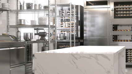 Empty clean white marble top island table in commercial, professional bakery kitchen with stainless...