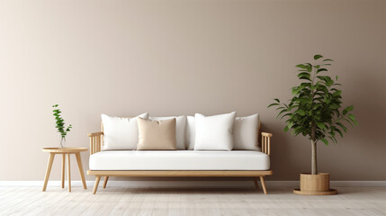 Fototapeta na wymiar a white and wooden room with white couch and chair, in the style of modern urban, commission for, modern , shallow depth of field to emphasize the subject, taken using a Canon EOS R camera with