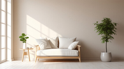 Fototapeta na wymiar a white and wooden room with white couch and chair, in the style of modern urban, commission for, modern , shallow depth of field to emphasize the subject, taken using a Canon EOS R camera with