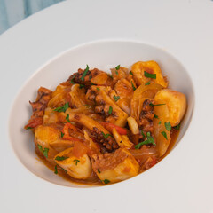 Recipe for octopus Provencal style, tomato, onion, garlic, red pepper, parsley, High quality photo