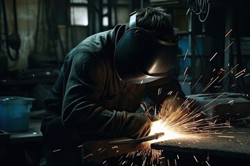Industrial worker with protective mask welding steel structure in a factory