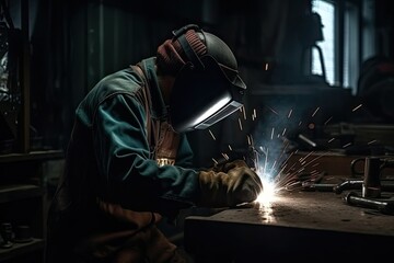 Industrial worker with protective mask welding steel structure in a factory