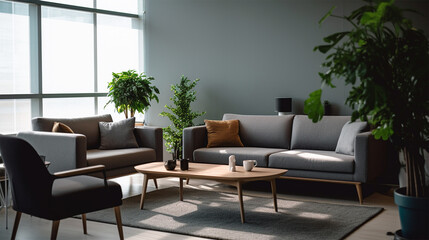image of an office lounge, in the style of minimalist backgrounds, realistic, wood, light gray and beige, oriental minimalism, expansive, new contemporary