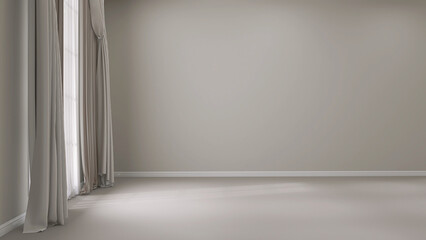 Three layers of cream side curtain, beige blackout drapery, white sheer fabric drape, blank gray wall, baseboard, sunlight from window on floor. Interior design decoration product, space background 3D - obrazy, fototapety, plakaty