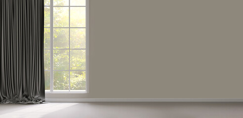 Blank beige large wall, baseboard, white grill frame window, black blackout curtain in sunlight...