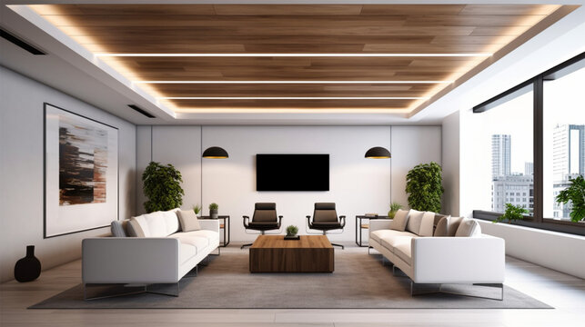 interior modern office with wooden ceiling and white wooden furniture, in the style of light gray and dark bronze, commission for, large canvas paintings, life in new york city, minimalist geome