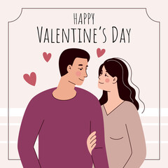Greeting card for valentine's day. Loving couple in flat cartoon style. Vector illustration. Beautiful man and woman in an embrace on a date