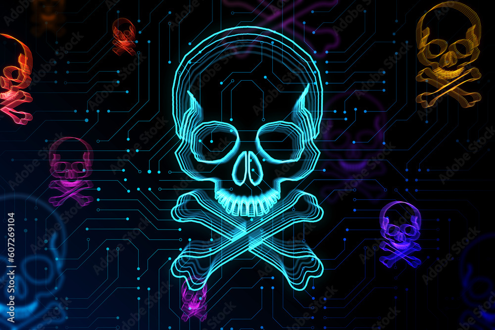 Poster glowing skull and bones digital illustration, dark screen texture background, hacking attack and pir