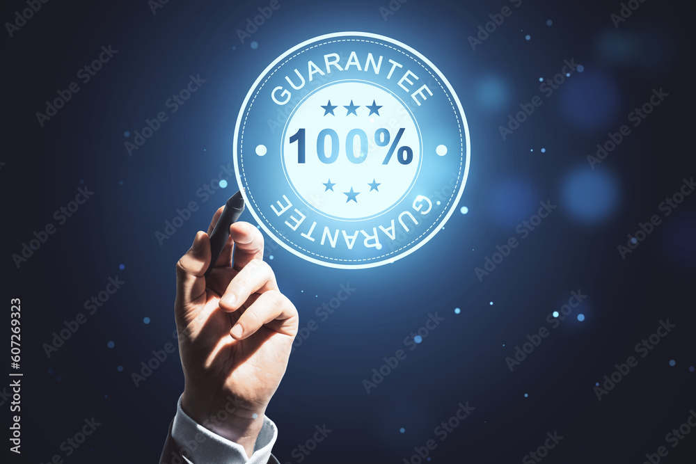 Poster Close up of man hand pointing at glowing 100% guarantee stamp hologram on dark background with bokeh circles. Quality seal and warranty concept.