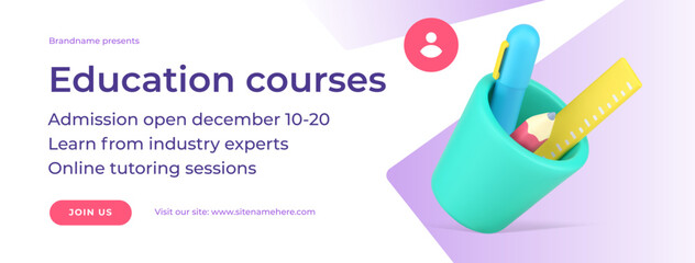 Educational courses admission back to school promo announce social media banner 3d icon vector