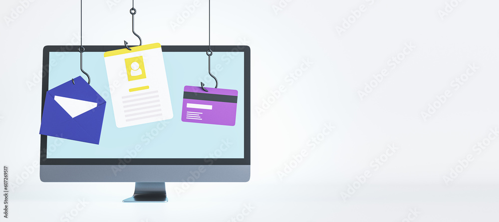 Poster Cybercrime attack, security and hacking concept with fish hooks stealing personal data, mail and credit card details from modern monitor on light background with place for poster. 3D rendering, mockup