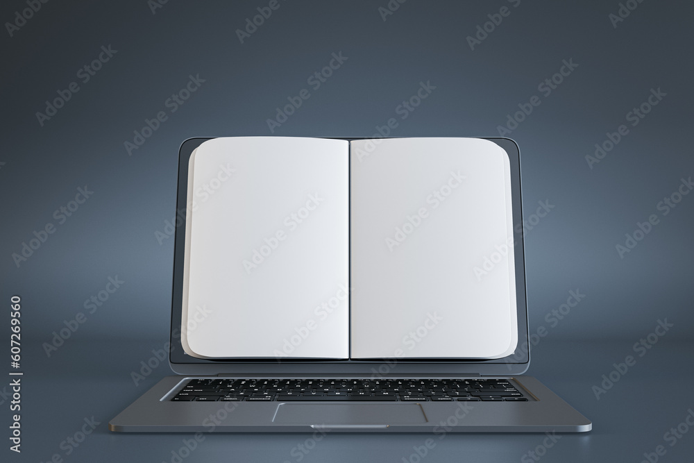 Poster education and digitalization concept with front view on blank white notebook pages for advertising a