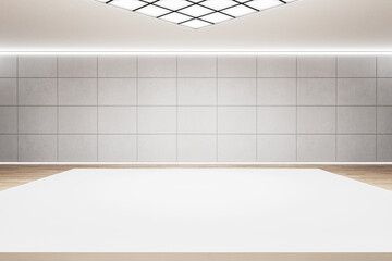 Blank white stand with space for your product or car presentation on light grey square print wall background and lattice on ceiling. 3D rendering, mockup