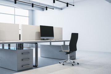 Contemporary concrete coworking office interior with panoramic windows and daylight, furniture and equipment. 3D Rendering.