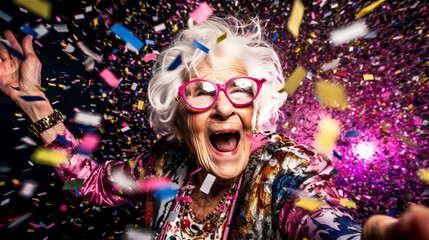 Obraz na płótnie Canvas a grandmother feeling young celebrates a party with lots of confetti, generative AI