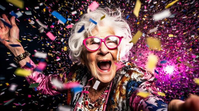 a grandmother feeling young celebrates a party with lots of confetti, generative AI
