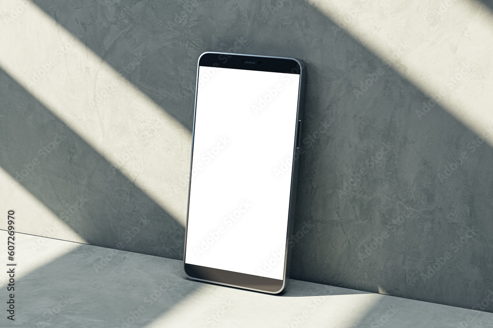 Poster perspective view on blank white modern smartphone screen with place for web site or web design on su
