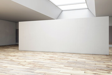 Perspective view of modern bright gallery with blank white wall background and wooden floor. 3D Rendering, mockup
